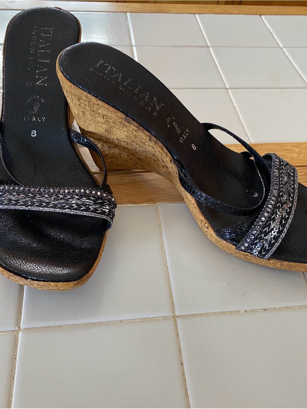 Italian Shoemakers Black and Cork Braided Wedge Sandals